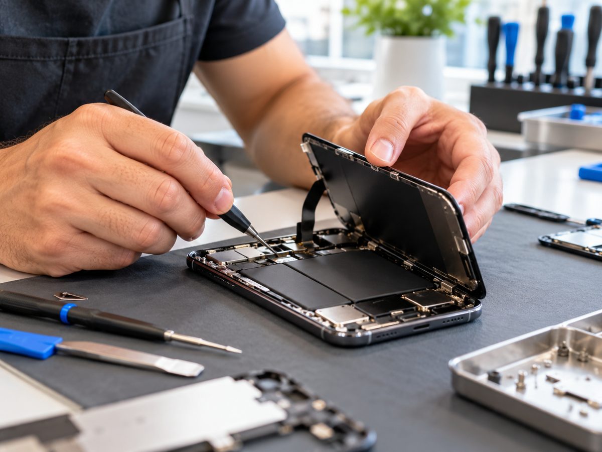 Técnico consertando a tela de um celular