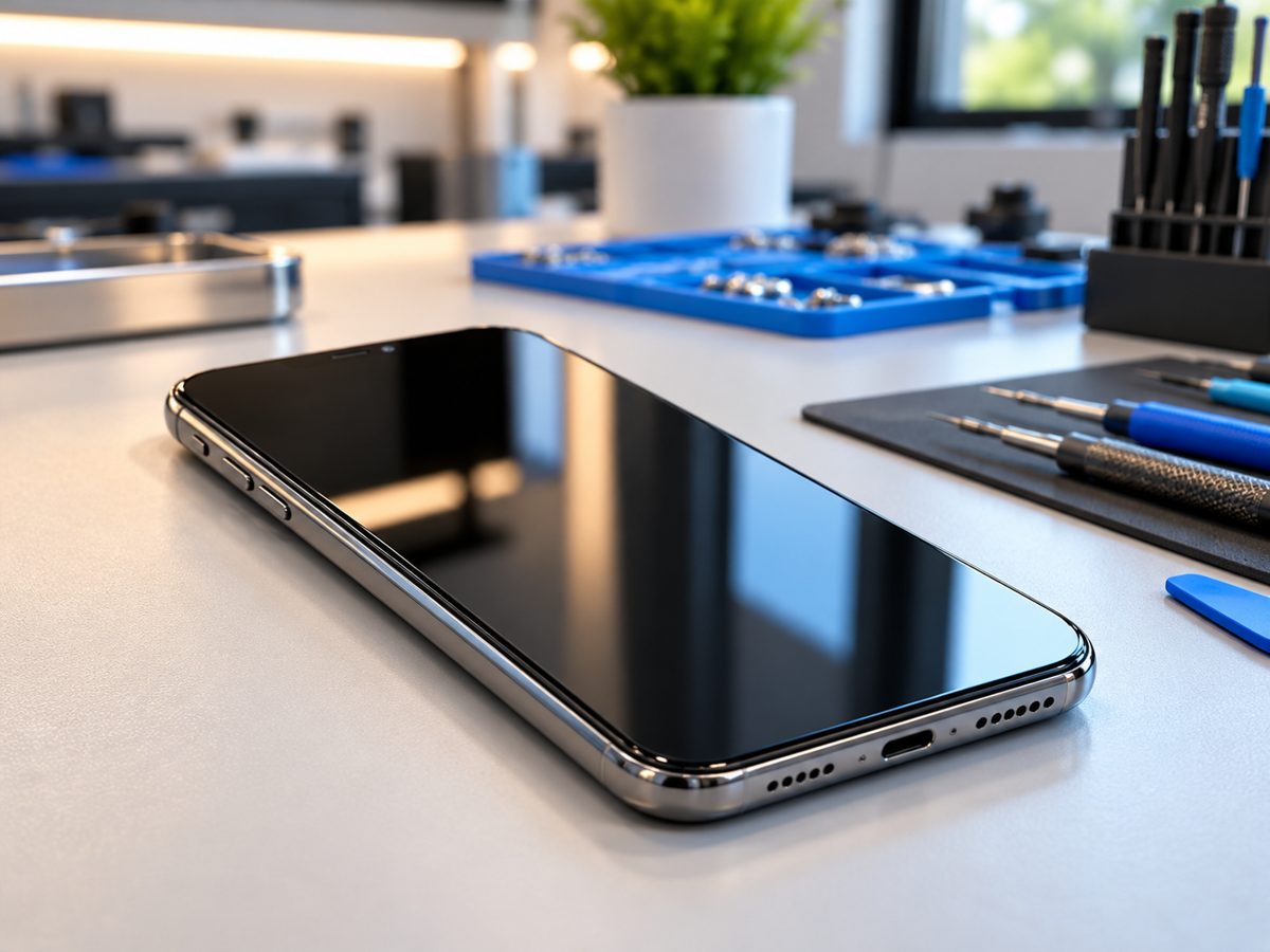Smartphone sobre a bancada da assistência técnica