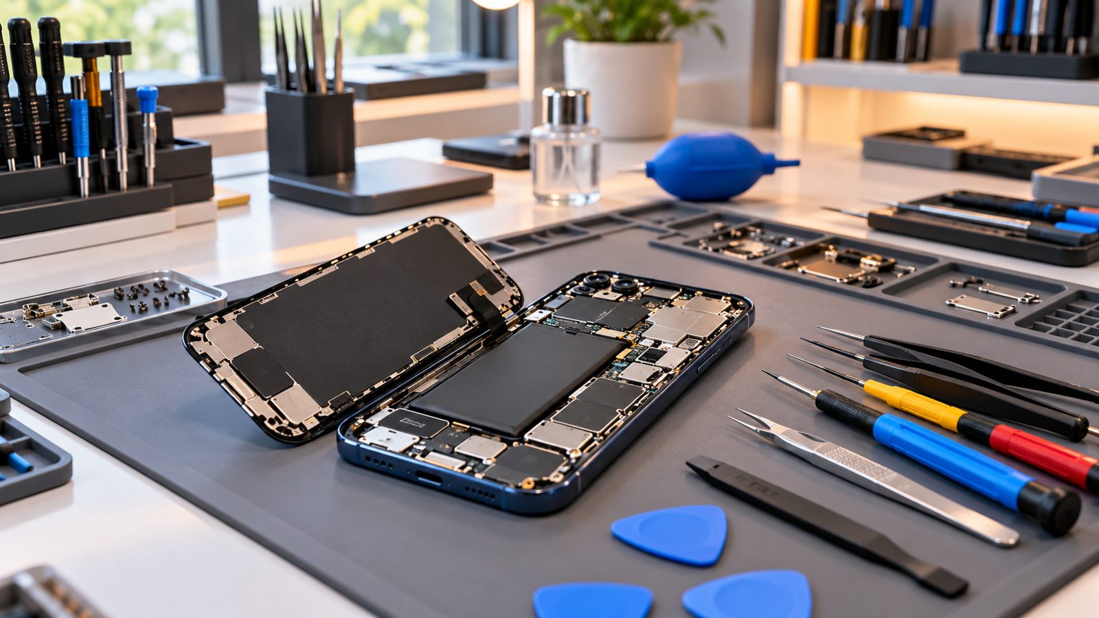 Bancada de assistência técnica com celulares e ferramentas